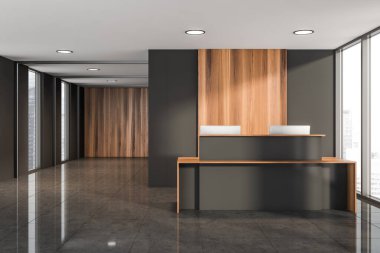 Ofis odası ve resepsiyon içi panoramik pencereli şehir merkezi manzaralı, gri ve ahşap duvarlı, fayans zeminli. Yaratıcı fikir için boş alan. 3d hazırlayıcı
