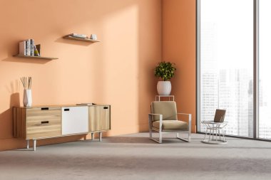 İç mekan panoramik pencere, bej koltuk, şeftali rengi duvar, dizüstü bilgisayar, kitaplık ve beton zemin. Rahatlamak için mükemmel bir yer. Minimalist tasarım kavramı. 3d hazırlayıcı