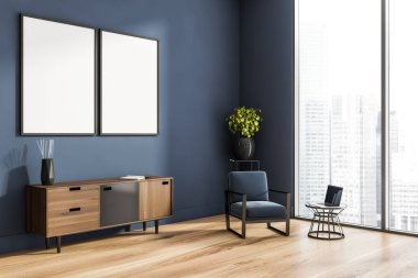 Oturma odasının içinde panoramik pencere, iki beyaz poster, mavi koltuk, dolap, dizüstü bilgisayar ve meşe ağacından parke zemin. Rahatlamak için mükemmel bir yer. Minimalist tasarım kavramı. Model yap. 3d hazırlayıcı