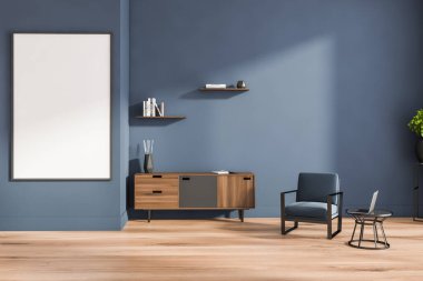 Oturma odası içi boş beyaz poster, mavi koltuk, dolap, dizüstü bilgisayar, kitaplık ve meşe ağacından parke zemin. Rahatlamak için mükemmel bir yer. Minimalist tasarım kavramı. Model yap. 3d hazırlayıcı