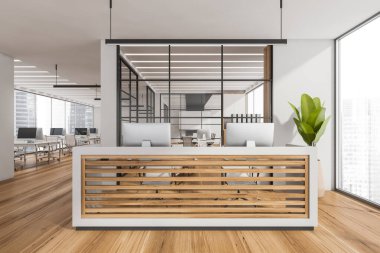 Çift resepsiyonlu panoramik iç mekan, ahşap paneller, arkasında cam toplantı odası olan beyaz açık alanda. Modern ofis tasarımı kavramı. 3d oluşturma