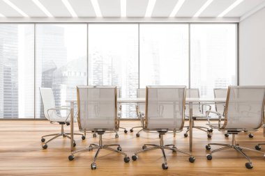 Masası, tekerlekli sandalyeleri, LED ışıkları ve ahşap zemini olan panoramik konferans odası. Modern ofis tasarımı kavramı. 3d oluşturma
