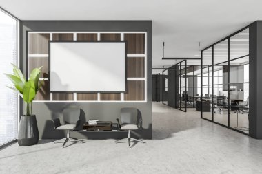 Gri koridorun iç tarafındaki panoramik bekleme alanında çerçevelenmiş pankart. Duvarda koyu ahşap paneller, yanında koltuk sehpası ve beton zemin var. Modern ofis tasarımı kavramı. 3d canlandırma