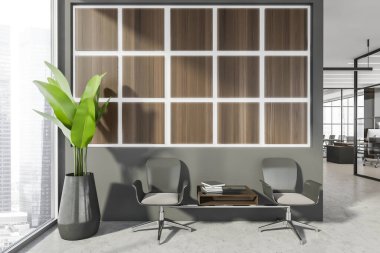 Koridorun yanındaki panoramik oturma yerinde cam girişler var. Duvarda ahşap paneller, beton zemin, yanında koltuk sehpası ve kapalı alanda bitki. Modern ofis tasarımı kavramı. 3d canlandırma