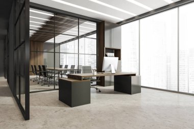 Çalışma odasının köşesi masa, dolap, cam duvarın arkasındaki konferans odası, aralıklı doğrusal ışıklar, beton zemin ve panoramik manzara. Modern ofis tasarımı kavramı. 3d oluşturma
