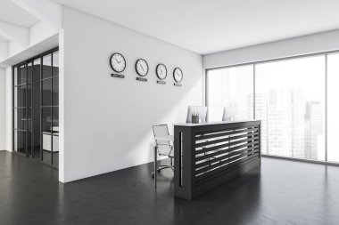 Resepsiyon alanı, koyu gri zemin, panoramik manzara, saatli bölme, dünya zamanını gösteren, ve sürgülü kapılı küçük ofis odası. Modern tasarım kavramı. 3d oluşturma