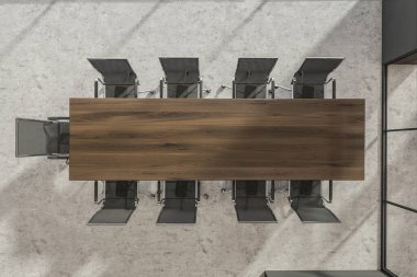 Konferans odasının iç manzarası koyu ahşap masa üstü ve dokuz adet siyah tekerlekli sandalye. Beton döşeme. Modern ofis tasarımı kavramı. 3d oluşturma