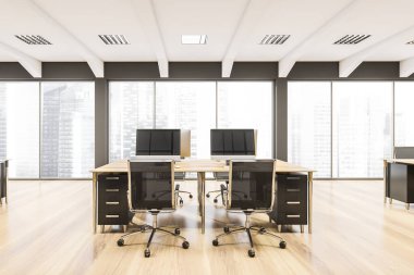 Masanın her iki tarafında iki tekerlekli sandalye olan panoramik çalışma alanı, ahşap zemin ve askılı her zamanki tavan tasarımı. Modern ofis tasarımı kavramı. - Yakın çekim. 3d oluşturma
