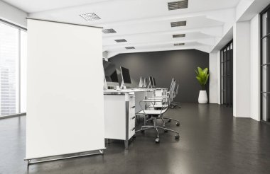 Masaları, tekerlekli sandalyeleri, kapalı salonları, panoramik pencereleri ve beton zemini olan beyaz ve gri ofis alanının zemininde duran grafiği çevir. Modern iç tasarım konsepti. 3d oluşturma