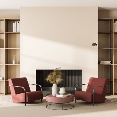 Bej duvarlar ve iç mekâna yakın eğilimli kahve masası olan kırmızı koltuklar, parke zemin, şömine ve iki simetrik rafa sahip. Modern tasarım kavramı. 3d oluşturma