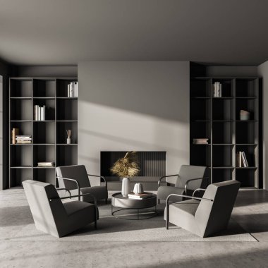 Gri kütüphanenin içi koltuklarla çevrili, kahve masası, iki raf, şömineli boş duvar ve beton zemin. Modern ev tasarımı kavramı. 3d oluşturma