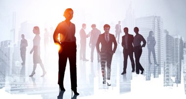 Business people get together to discuss new creative ideas to increase the profit of company. Financial city downtown with skyscrapers in the background. Concept of teamwork, cooperation and network