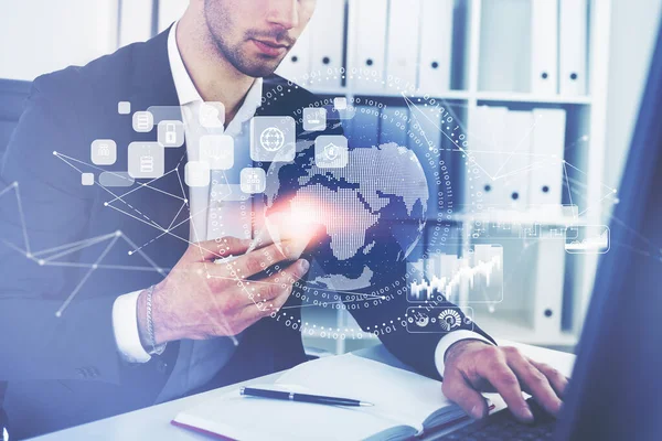 Businessman Wearing Formal Suit Holding Smartphone Digital Interface Globe Cloud — Foto Stock