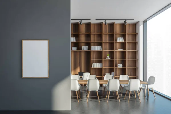 Bannière Sur Mur Gris Avec Intérieur Bureau Panoramique Arrière Plan — Photo