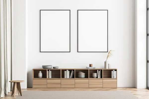 Zwei Poster Der Wand Des Minimalistisch Beigen Wohnzimmers Interieur Mit — Stockfoto