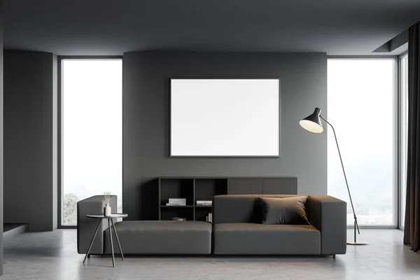 Living Room Interior Empty White Poster Wall Large Comfortable Grey — Stock Photo, Image
