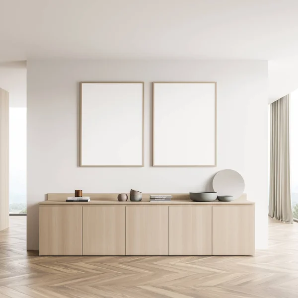Two banners in the light beige interior of the living room with partition wall, sideboard and panoramic windows on the background. Parquet. A concept of a modern house design. 3d rendering