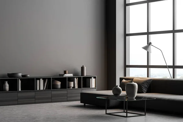 Corner Minimalist Panoramic Grey Living Room Interior Empty Wall Sofa — Foto Stock