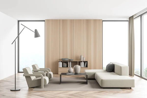 Weiß Panoramisches Design Des Wohnzimmers Mit Holzwand Sofa Zwei Sesseln — Stockfoto