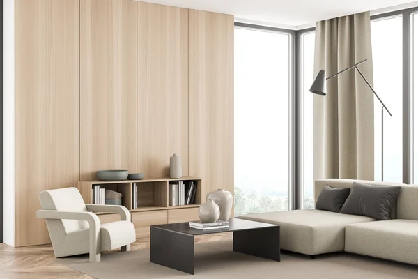 Corner Panoramic Living Room Interior Wooden Wall Beige Furnishing Trend — Stock Photo, Image