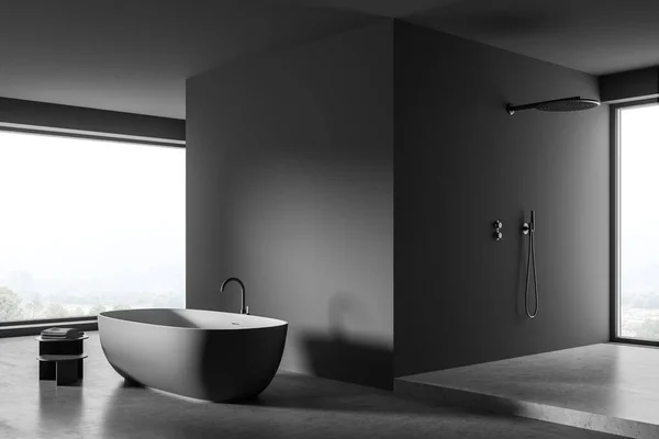 淋浴房室内 靠近灰色墙壁 混凝土地面和全景背景 有一个简约的浴缸 现代室内设计的概念 3D渲染 — 图库照片