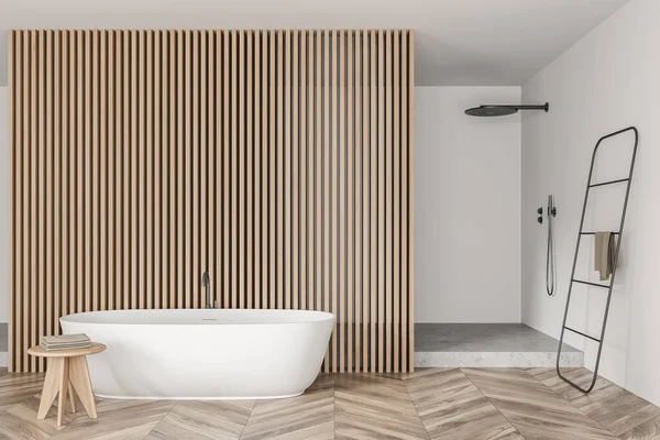 明亮的浴室内部与浴缸 隔板和橡木地板 卫生和温泉保健程序的概念 3D渲染 — 图库照片