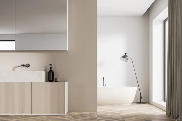 Mueble Espejo Tocador Junto Una Pared Partición Beige Interior Baño — Foto de Stock