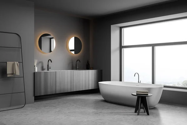 Dark Bathroom Interior White Bathtub Small Table Towels Double Sink — Foto Stock