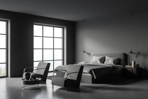 Dark Bedroom Interior Bed Two Comfortable Grey Armchair Closet Carpet — Fotografia de Stock