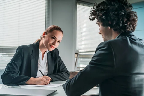 Smiling Attractive Businesswoman Curly Businessman Work Together Make Profitable Agreement — Stock Photo, Image