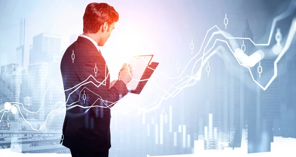 Businessman Wearing Formal Suit Holding Clipboard Taking Notes City Skyscraper — Stock Photo, Image