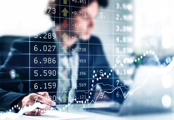 Businessman Wearing Formal Suit Typing Laptop Taking Notes Blurred Office — Foto Stock