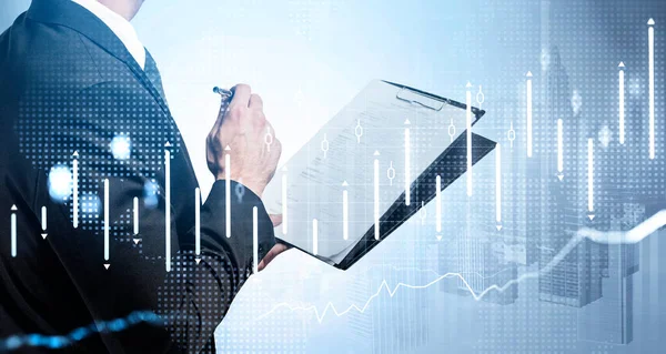 Businessman Wearing Formal Suit Holding Clipboard Taking Notes City Skyscraper — Foto Stock