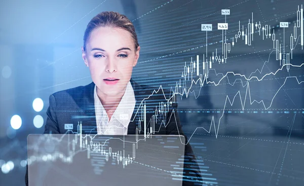 Thoughtful Businesswoman Wearing Formal Suit Working Laptop Blurred Office Background — Stock Photo, Image