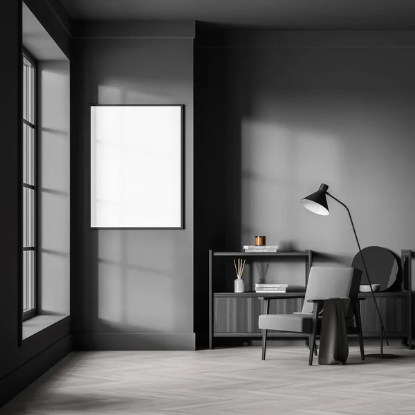 Banner Grey Wall Dark Waiting Room Interior Having Low Shelf — Fotografia de Stock