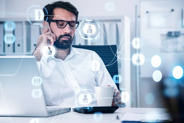 Handsome Beard Businessman Glasses Wearing Formal Shirt Talking Smartphone Check — Foto Stock