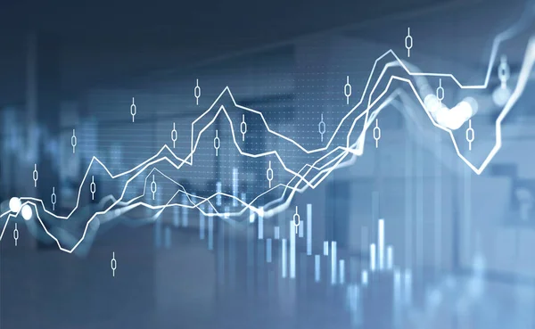 Financial rising graph and chart with lines and indicators that illustrate investment management on stock market. Concept of successful trading. Office in the background. 3d rendering