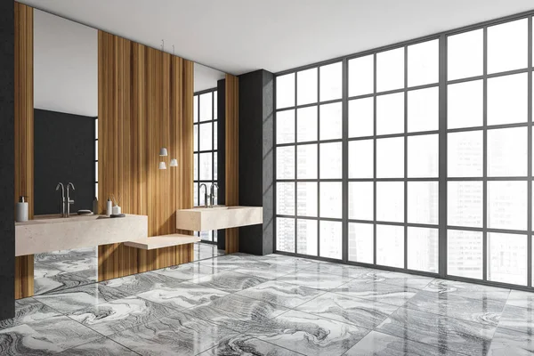Karanlık banyo iç tarafında çift lavabo, beton duvar, ayna, gökdelen manzaralı panoramik pencere ve mermer zemin. Sağlık için hijyenik ve spa prosedürleri kavramı. 3d oluşturma
