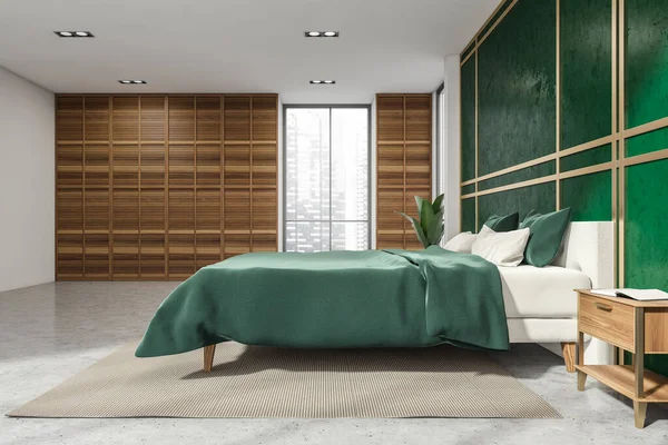 雅致的孔雀石绿色墙壁 配有面板盖 专为卧室内部设计 床头柜 床头柜 米黄色地毯和混凝土地板 现代公寓设计的概念 3D渲染 — 图库照片