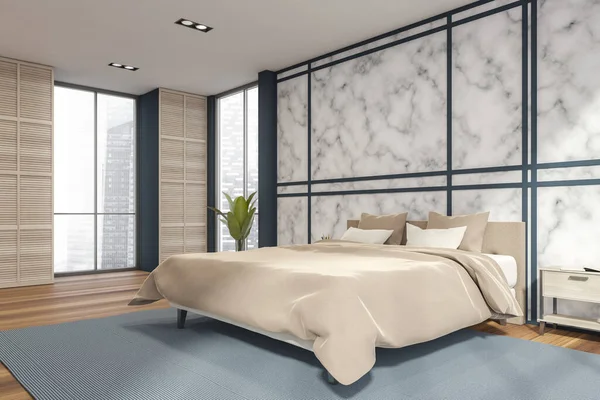 Bedroom Interior Marble Wall Beige Bed Windows Wood Panel Wardrobes — Stock Photo, Image