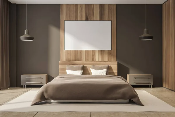 Dunkle Schlafzimmereinrichtung Mit Bett Leerem Poster Nachttischen Teppich Kissen Lampen — Stockfoto
