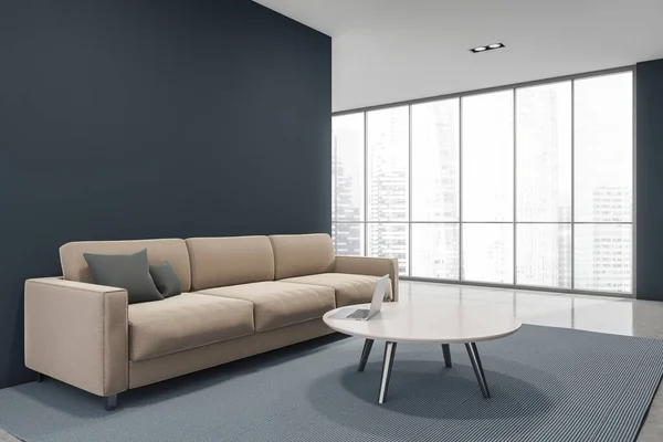 Ecke Des Minimalistischen Wohnzimmerpanorama Interieurs Mit Beiger Couch Blauen Wänden — Stockfoto