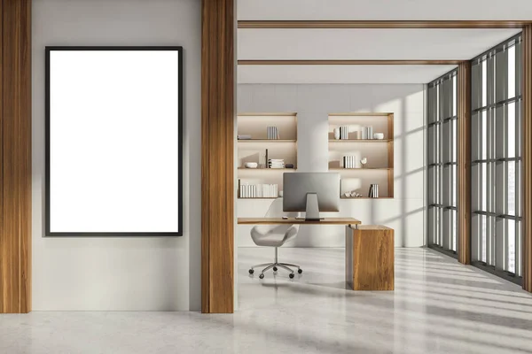 Bürozimmereinrichtung Mit Weißem Leeren Poster Panoramafenster Mit Wolkenkratzer Schreibtisch Sessel — Stockfoto