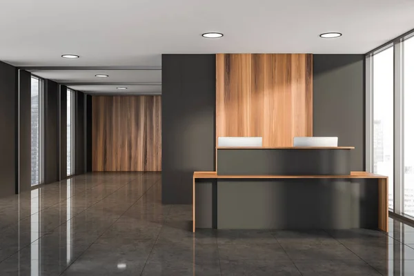 Office room and reception interior with panoramic window with city skyscraper financial downtown view, grey and wooden wall, tile floor. Empty space for creative idea. 3d render