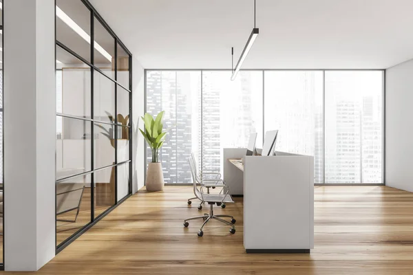 双接待台侧视图 背景全景全景 白色内部 趋势光 花束地板和玻璃墙框架 现代办公室设计的概念 3D渲染 — 图库照片