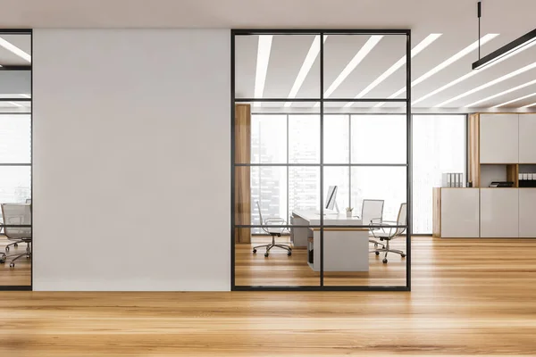 Corridor Panoramic Ceo Office Black Frame Glass Partition Empty White — Stock Photo, Image