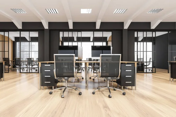 Black White Office Interior Modern Company Desk Two Rolling Chairs — Stock Photo, Image