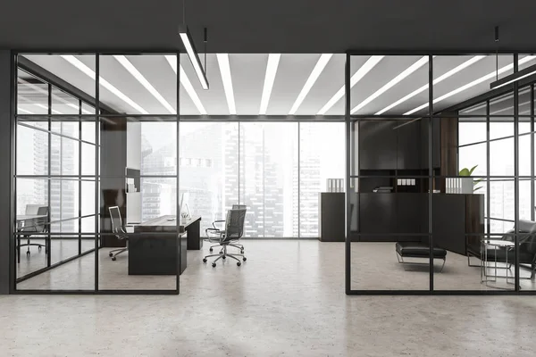 Innenraum Mit Panoramischem Ceo Arbeitsplatz Eingang Mit Glasrahmen Trennwänden Trendlichtern — Stockfoto