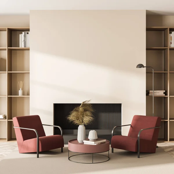 Beige walls and red armchairs with on-trend coffee table near in the close-up view of interior, having parquet floor, fireplace and two symmetric shelvings. A concept of modern design. 3d rendering