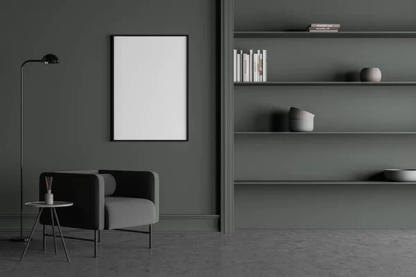 Interior Habitación Oscura Con Afiche Blanco Vacío Sillón Gris Cómodo — Foto de Stock